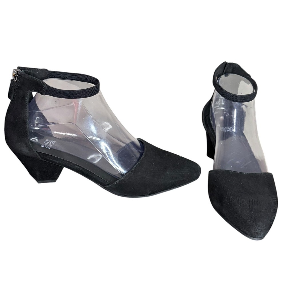 Eileen Fisher Black Suede Ankle Strap Pointed Toe Block Heel Pump Women's Size 9